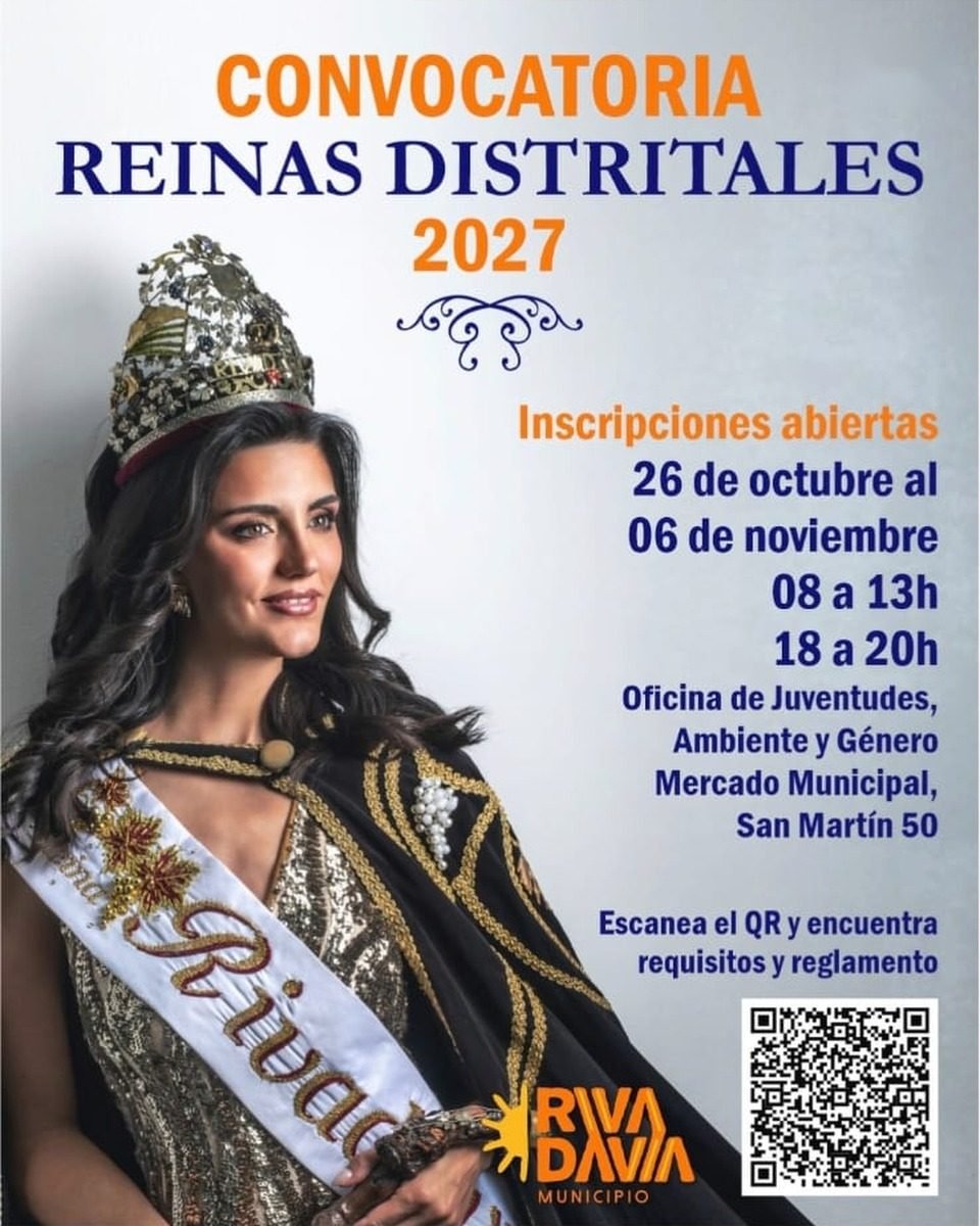 ABRE LA CONVOCATORIA A REINAS DISTRITALES 2027 EN RIVADAVIA: INSCRIPCIONES DEL 26 DE OCTUBRE AL 6 DE NOVIEMBRE