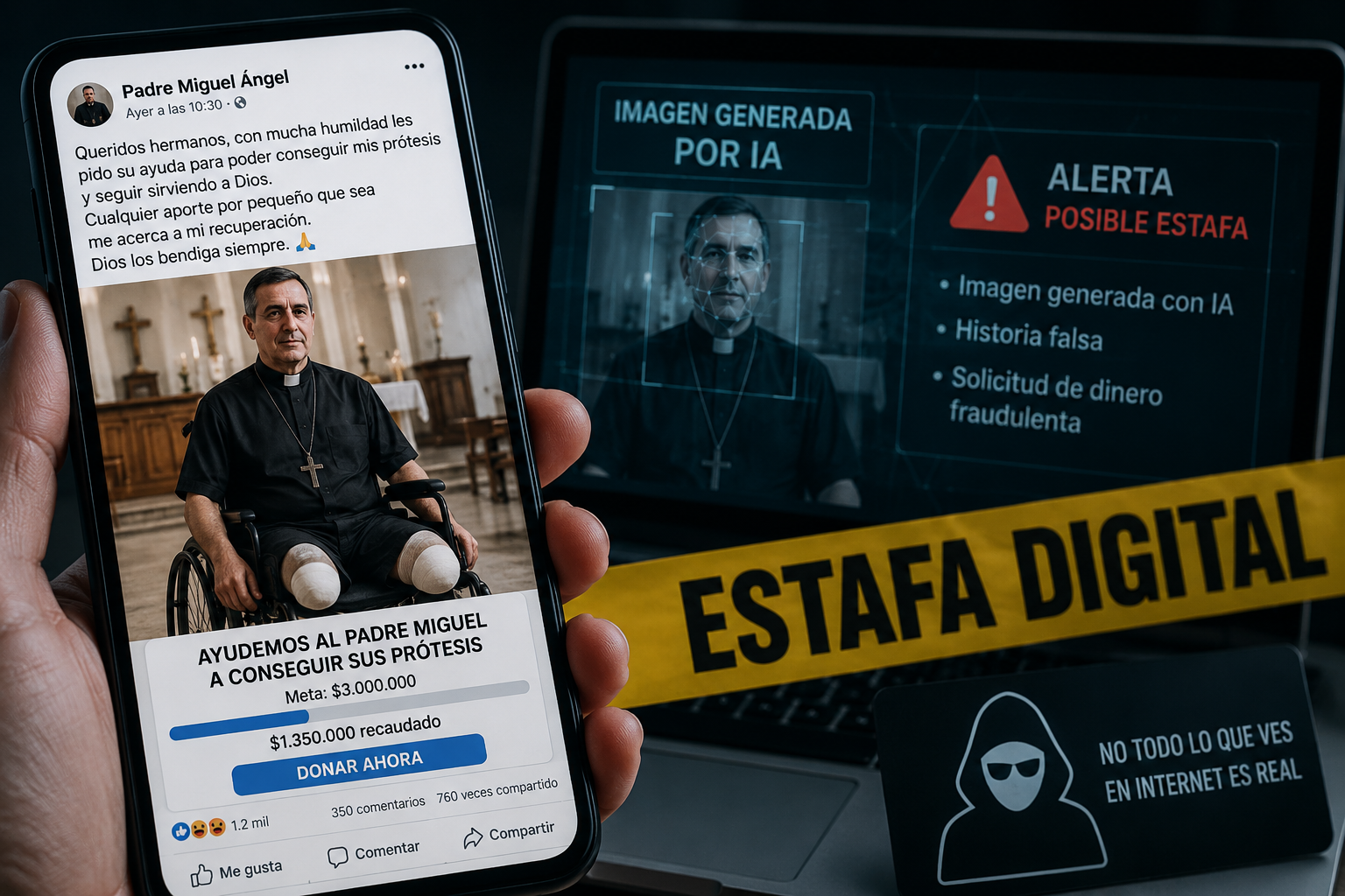 CREARON CON INTELIGENCIA ARTIFICIAL A UN SACERDOTE SIN PIERNAS Y USARON SU HISTORIA PARA ESTAFAR CON UNA FALSA COLECTA