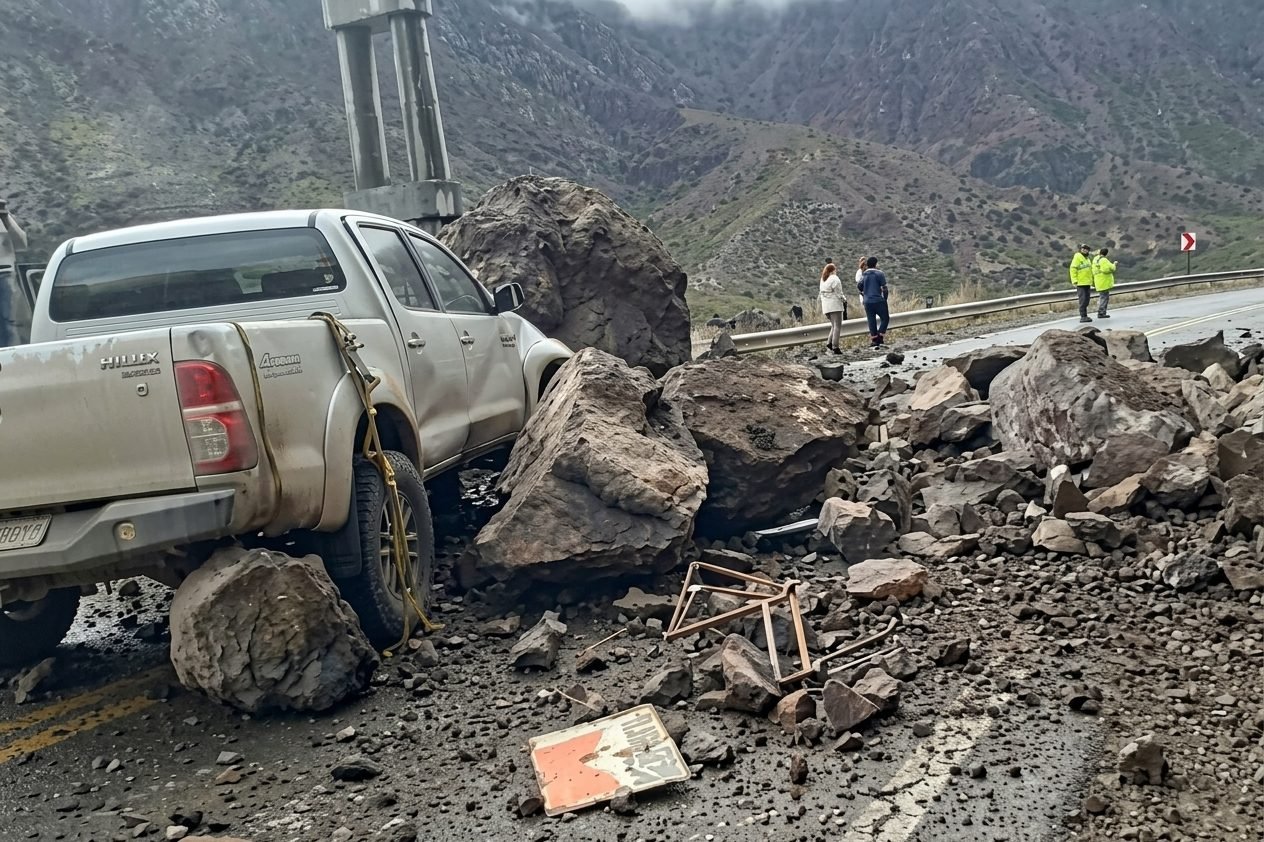 MILAGRO EN LA CORDILLERA: UNA ROCA DE VARIAS TONELADAS APLASTÓ UNA CAMIONETA Y EL CONDUCTOR SE SALVÓ DE MILAGRO