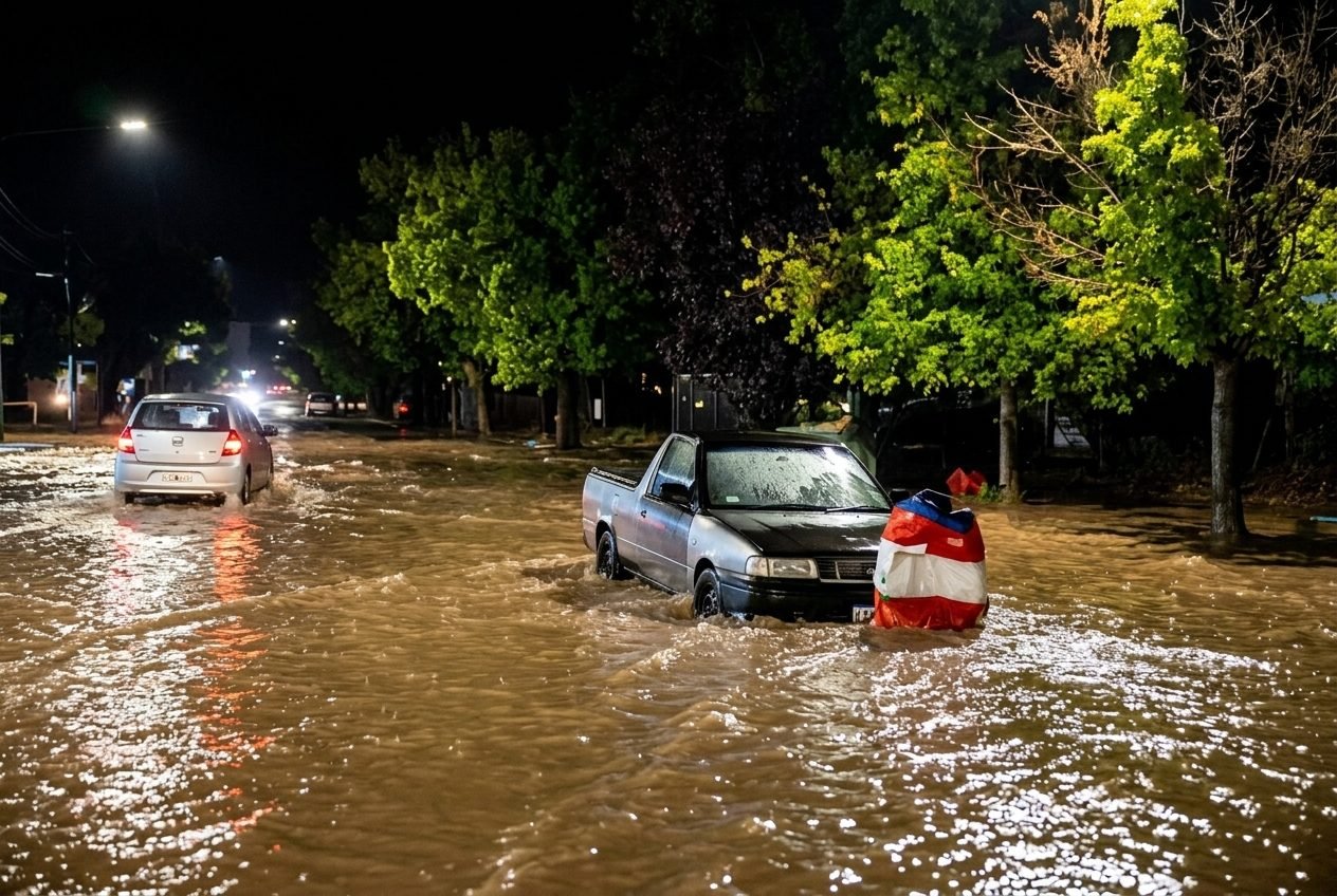TORMENTA EN MAIPÚ: RODEO DEL MEDIO QUEDÓ BAJO EL AGUA, SE HUNDIÓ LA RUTA 50 Y HUBO AUTOS Y COLECTIVOS ATRAPADOS